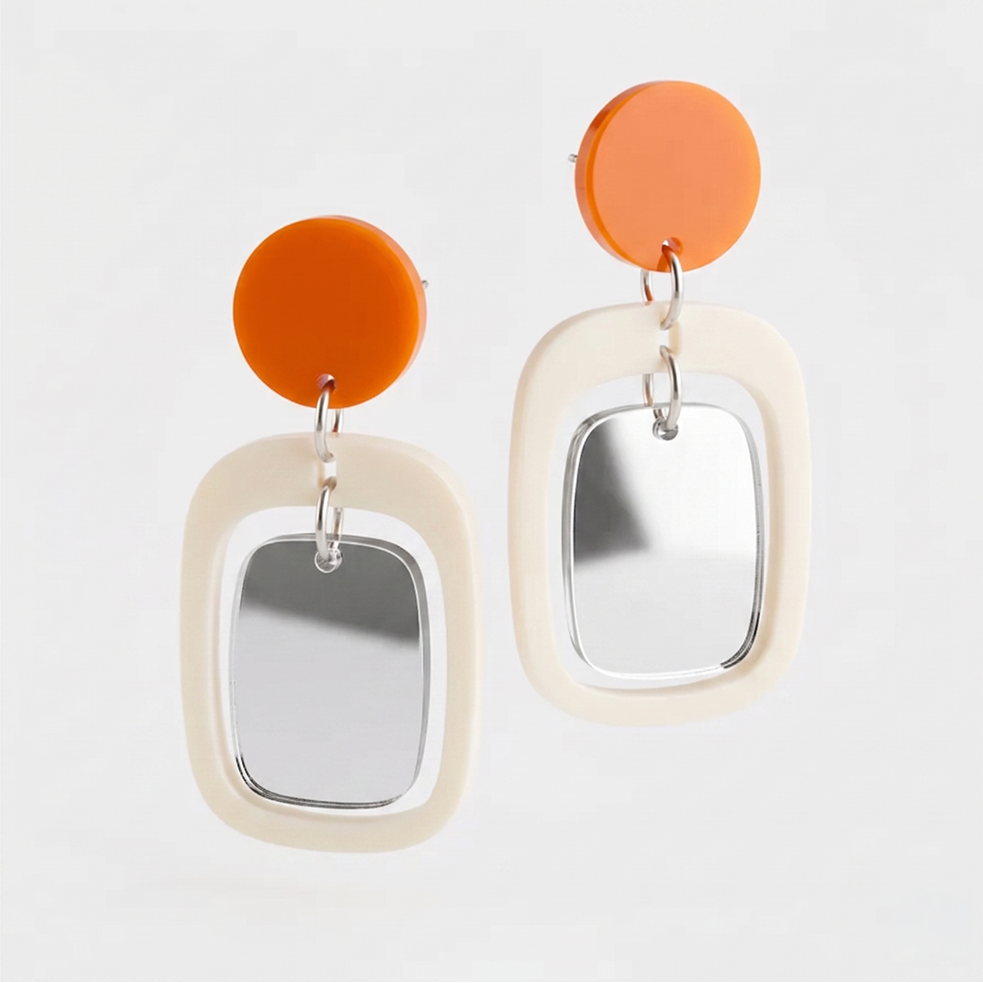 Frame Earrings in cream, orange and silver