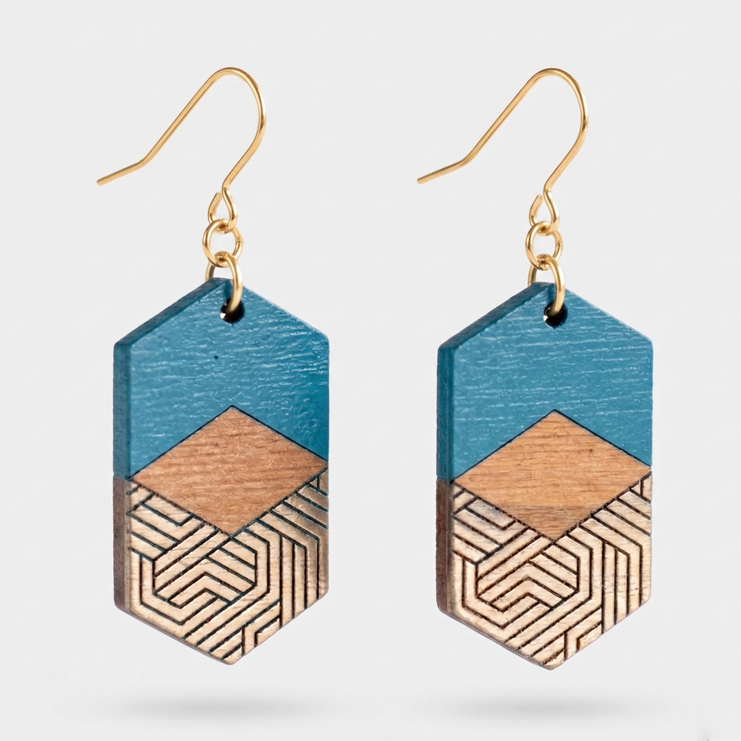 Fusion Earrings in teal, walnut and gold